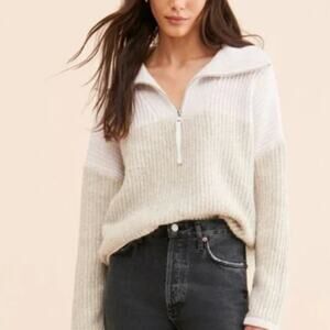 Varley Willard Sweater Women's Size Large Cream Gray Knit Drop Shoulder Half-Zip